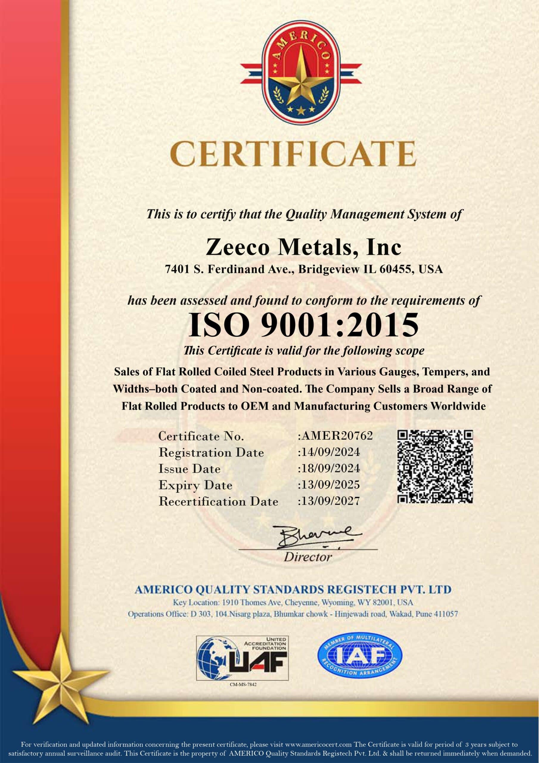 Certificate Zeeco Metals, Inc.